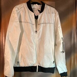Fried white‎ nylon bomber jacket size L. 48” chest. Soft silky fabric. 131